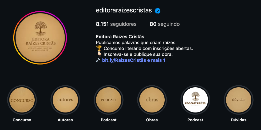 Perfil do Instagram da Editora Raízes Cristãs